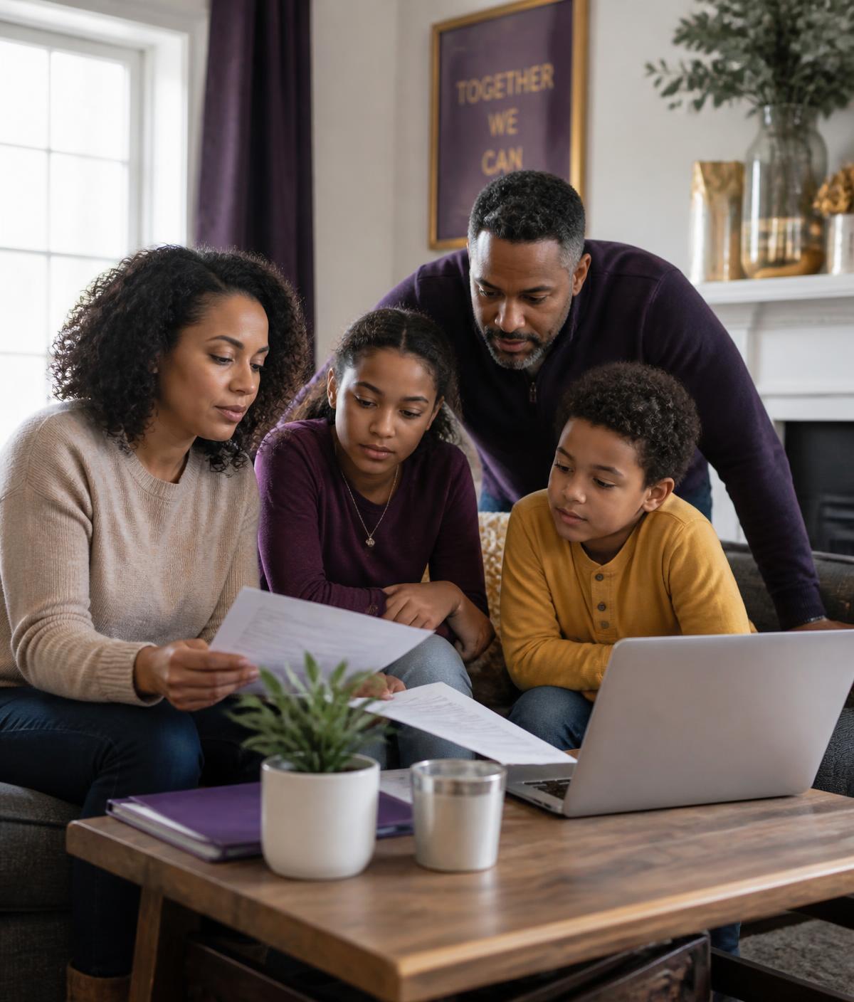 A mixed-race family sits together in a living room, looking thoughtfully at documents as they work through a difficult situation with care and determination.