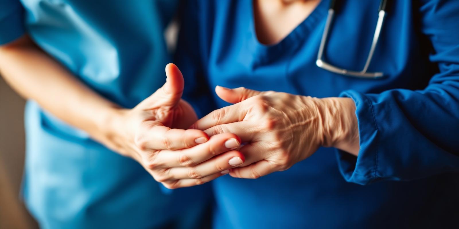 An older person's hands are gently held by a caregiver wearing blue scrubs, conveying comfort and support.