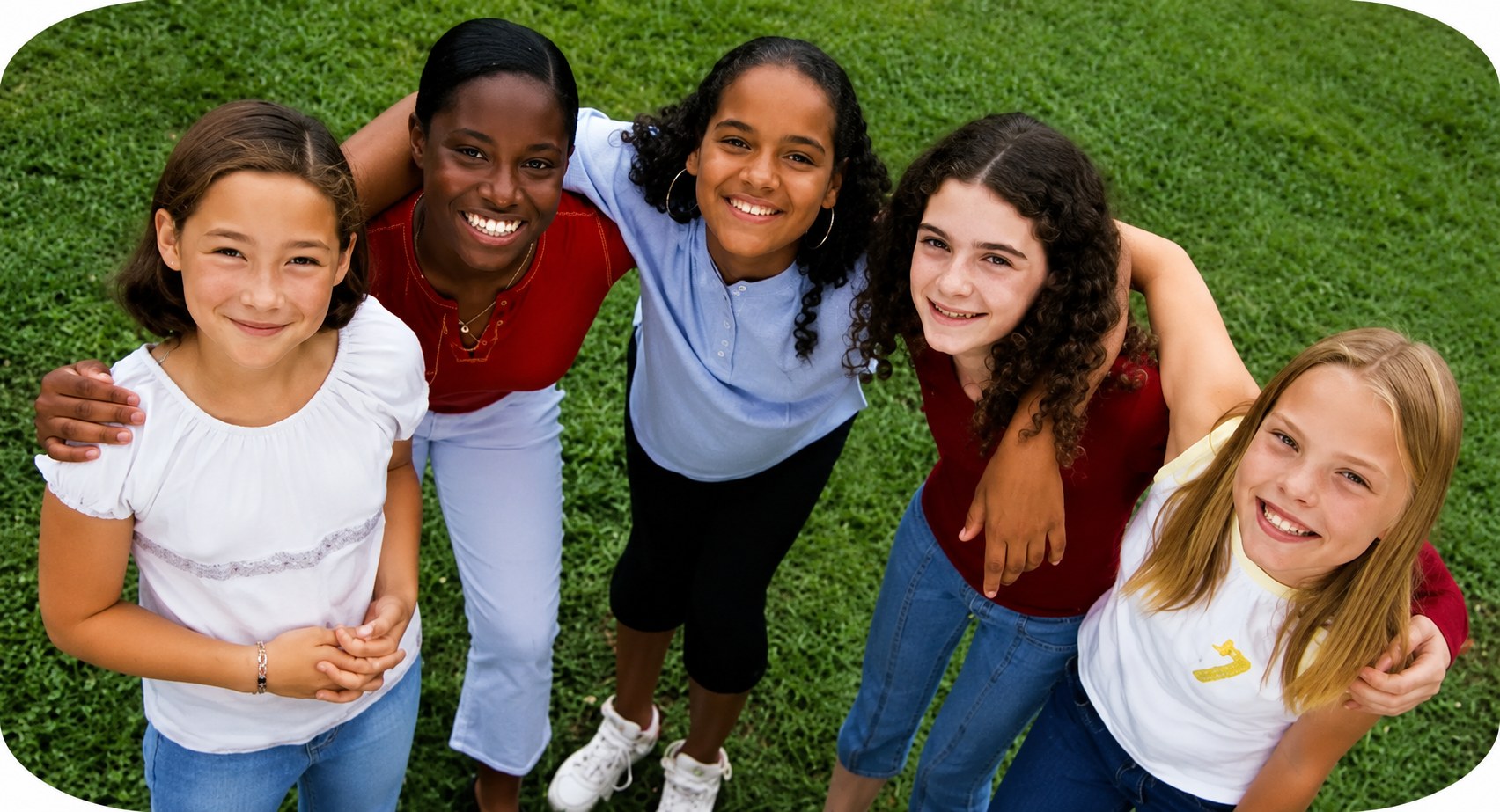 A group of diverse smiling children lying together on a green lawn.
