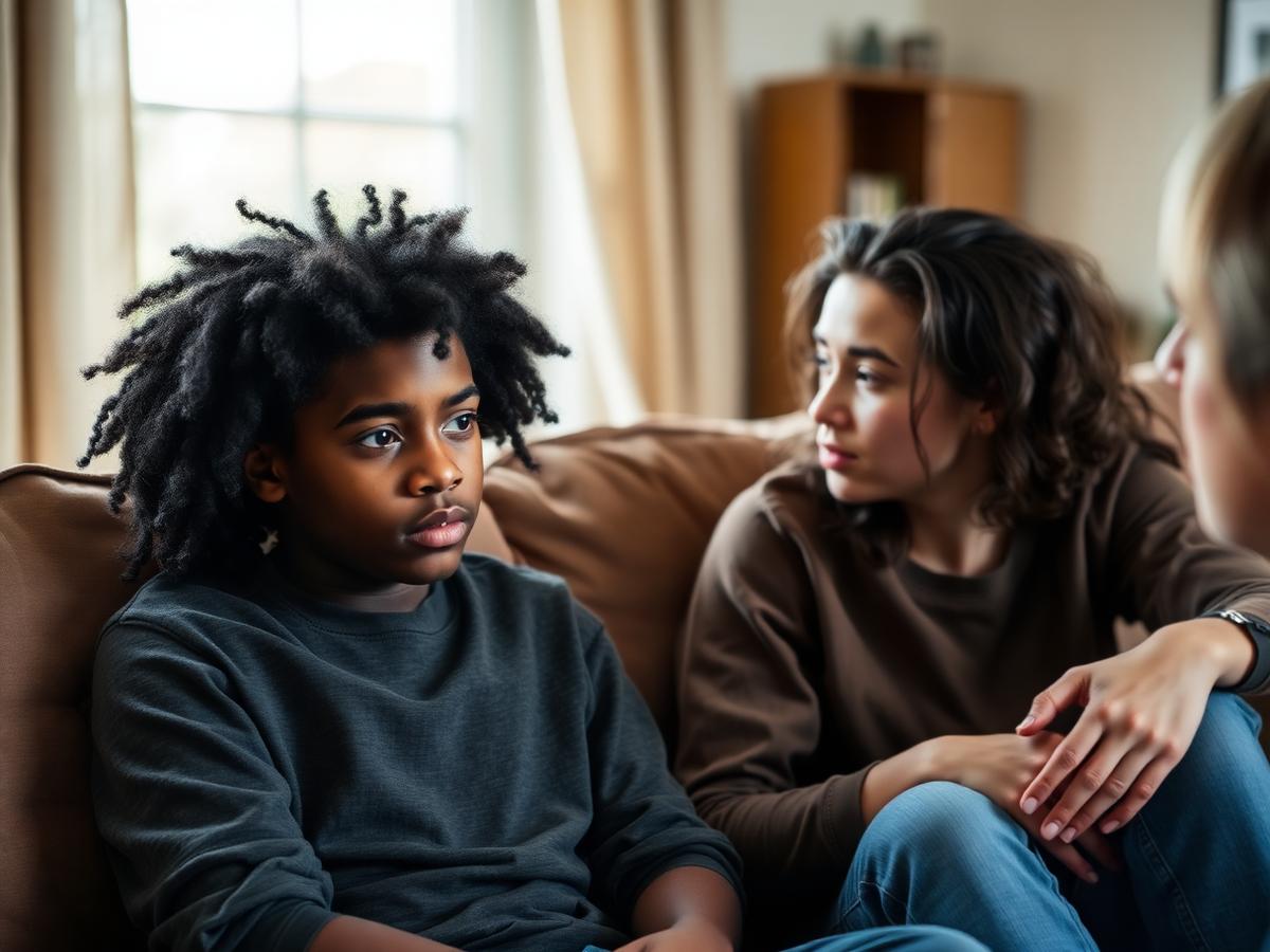 Two troubled youth, one Black and one white, sit with a caring counselor in a comfortable living room during an in-home support session.