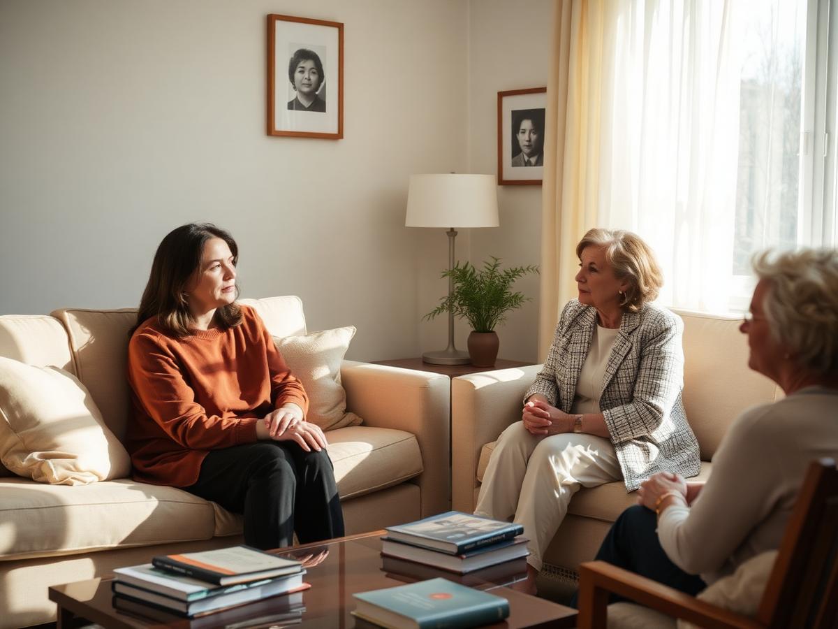 Two women converse in a comfortable living room, with a book about praying parents on the coffee table.