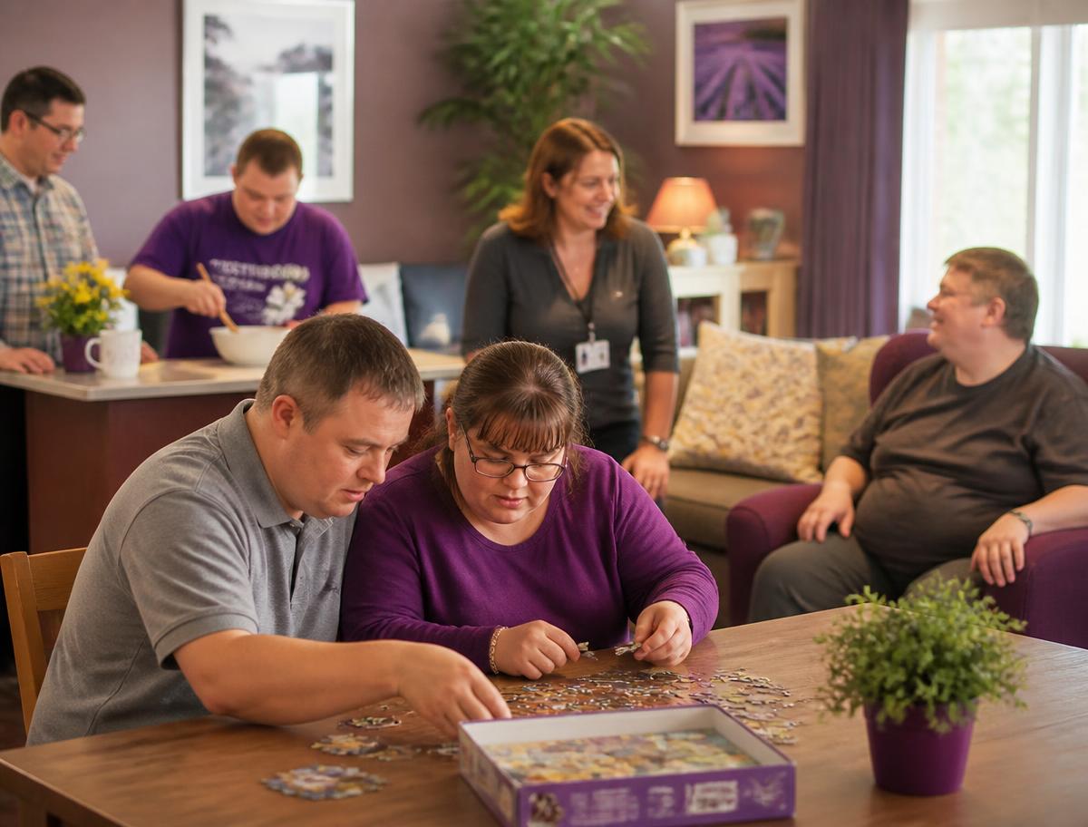 Adults with intellectual and developmental disabilities work on a puzzle together in a bright group home living room, with caregivers nearby.